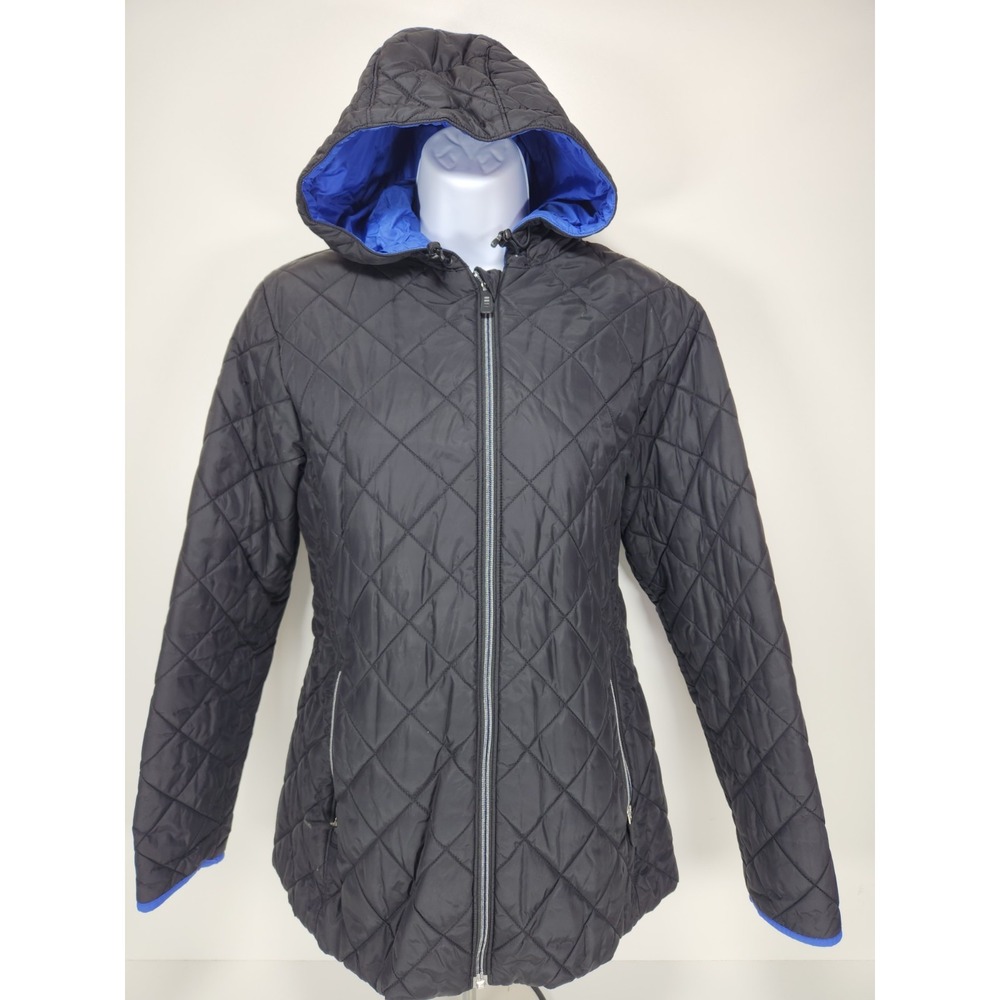 Land‎ Ends Womens S 6-8 Primaloft Black Hooded Quilted Jacket With Blue Lining